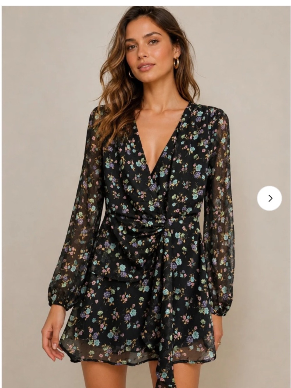 Zara Black Floral Balloon Sleeve Twist Front Mini Dress Chiffon Metallic Size M